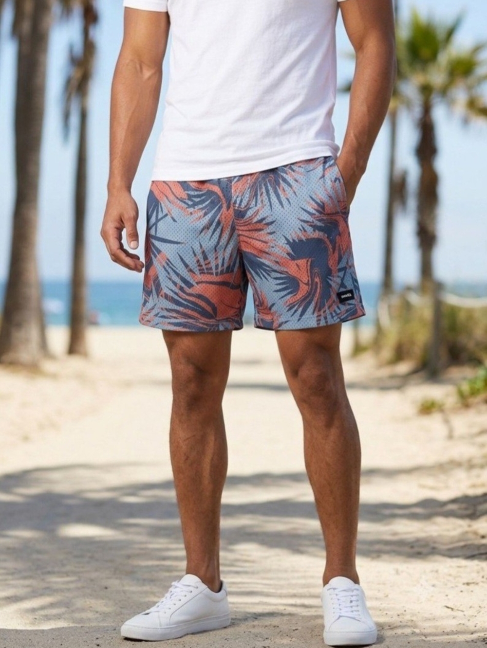 RSQ Coral and Blue Tropical Swim Trunks. Size S